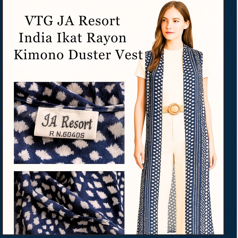 VTG,Y2K JA Resort,Blue Ikat Rayon Kimono/Duster/Vest,Boho,Resort-GUC,Size XL